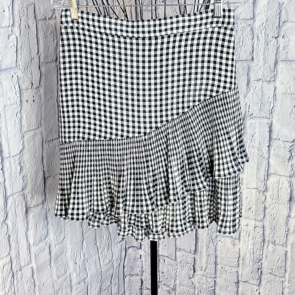 ANN TAYLOR‎ Blue and White Checkered, Pleated, Ruffled, and Tiered Skirt 6P
